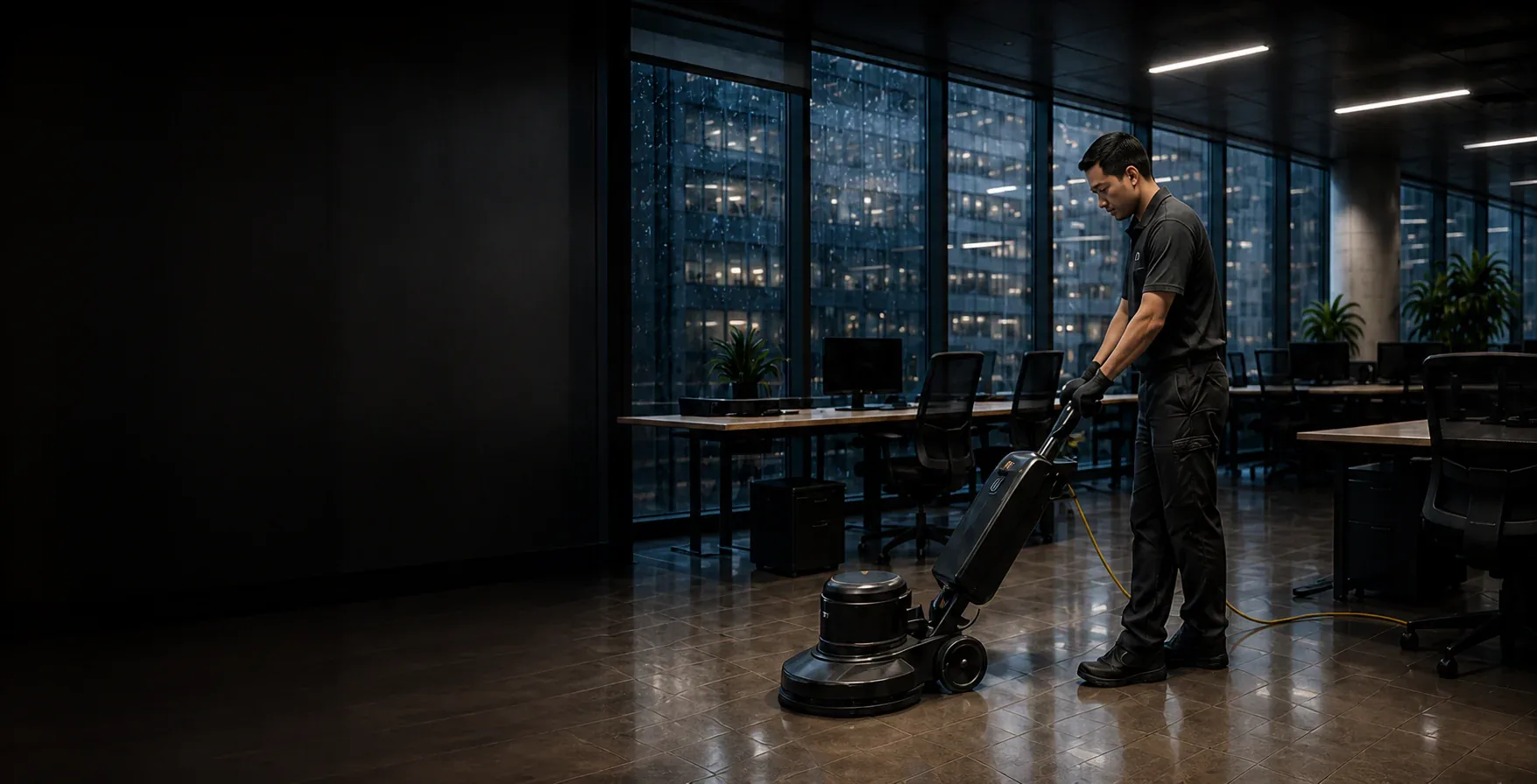Commercial cleaner operating floor-care equipment in a modern office after hours.