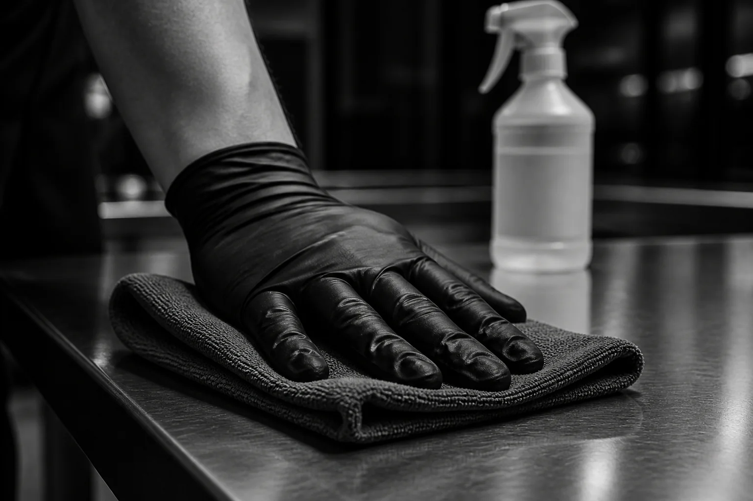 Gloved hand wiping a commercial work surface with a microfiber cloth.
